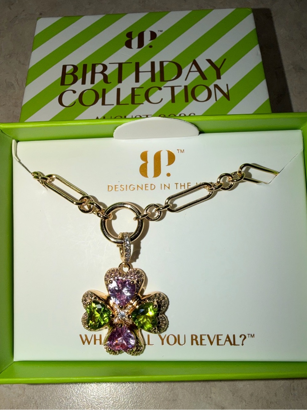 Bomb Party August Necklace-Lucky Streak The Clover Peridot and Pink on Gold